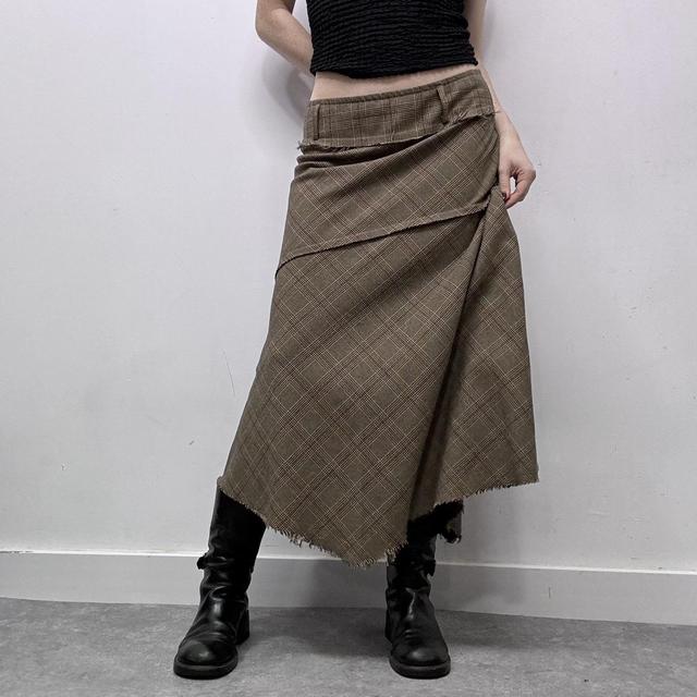 Khaki checked tartan patchwork midi skirt