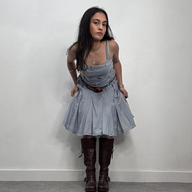 Blue gathered puff midi dress