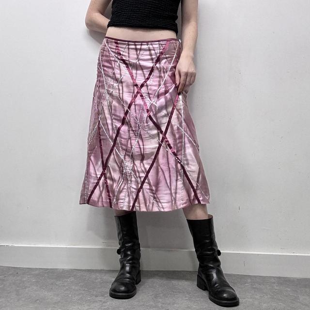 Pink satin ribbon embeslished midi skirt