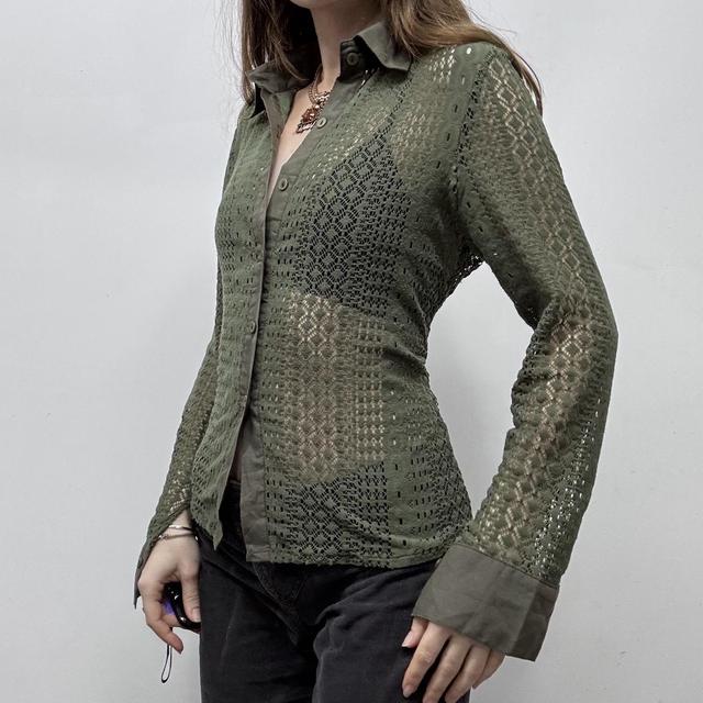 Khaki lace sheer fitted shirt