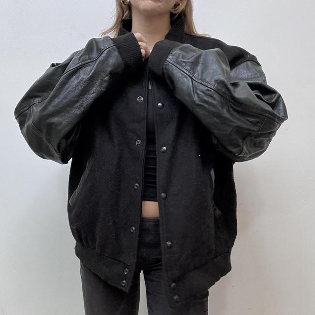 Black leather varisty bomber jacket