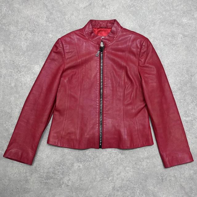 Red leather diamond studded zip jacket