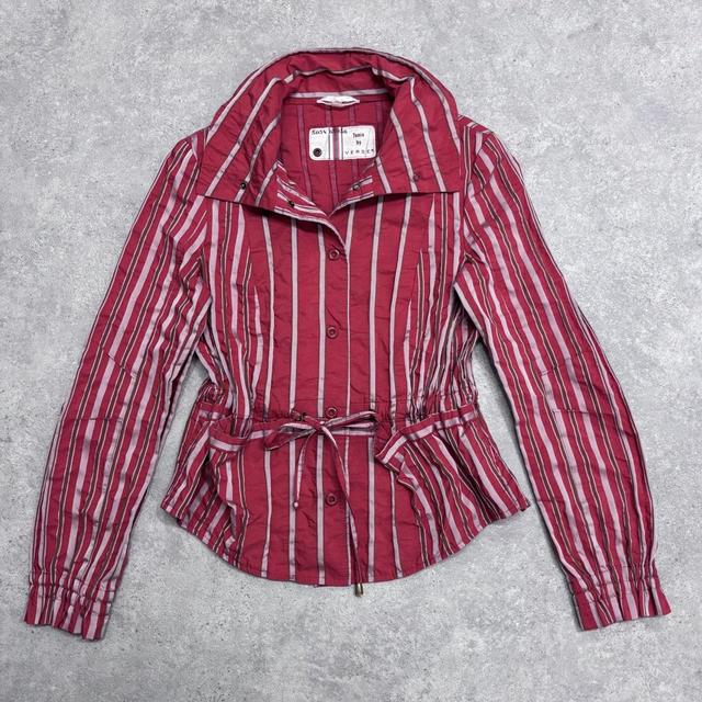 Red pinstripe fitted shirt jacket