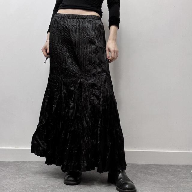 Black crinkle satin flared maxi skirt