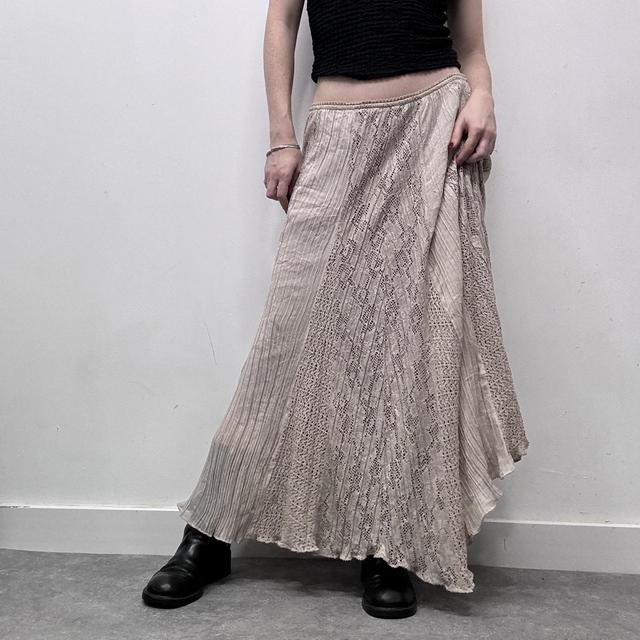 Beige lace flared pinstripe maxi skirt