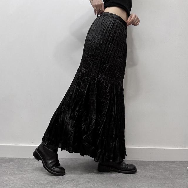 Black crinkle satin flared maxi skirt