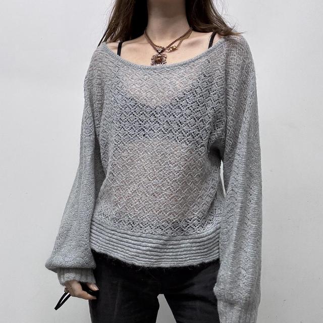 Grey wide neck lacey knit jumper