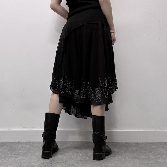 Flared layered beaded silk drape skirt