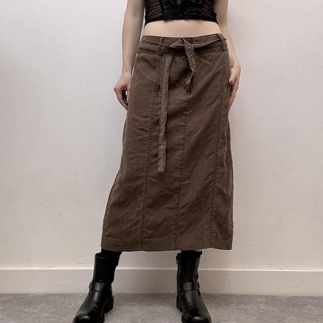 Brown linen lace midi skirt