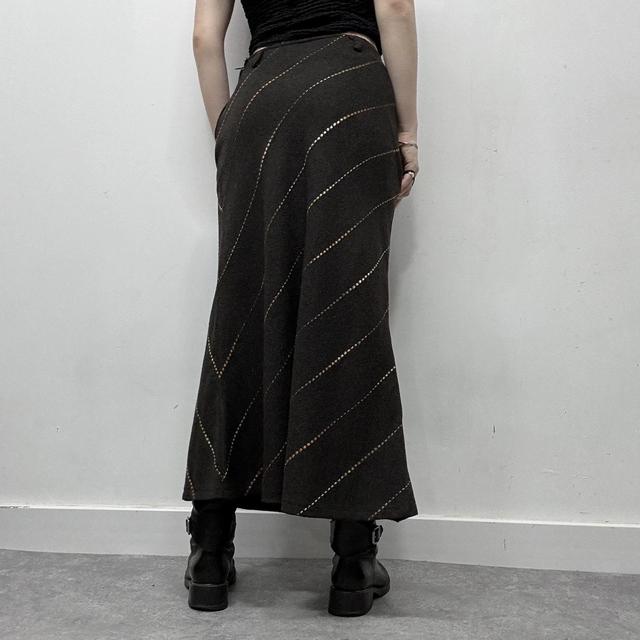 Brown pinstripe diagonal wool midi skirt