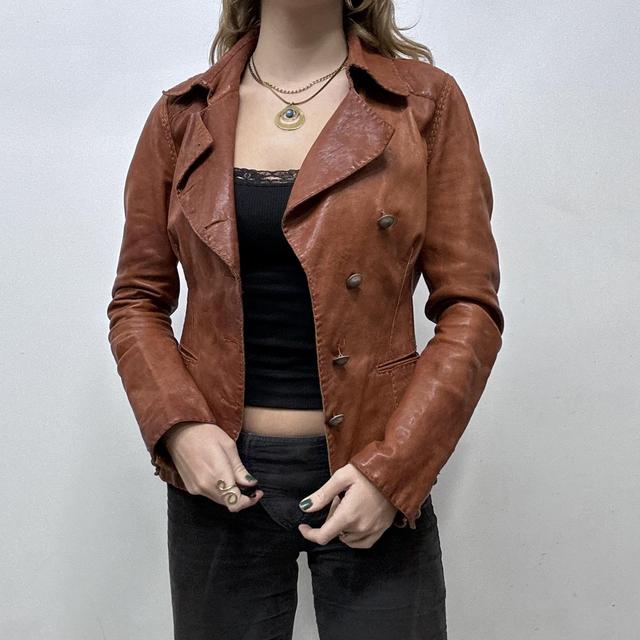 Brown leather asymmetric military jacket