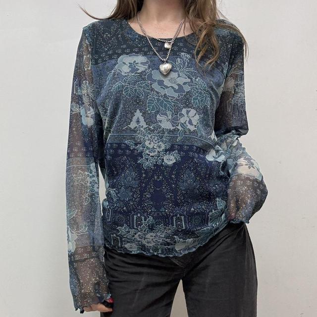 Distressed paisley print mesh top