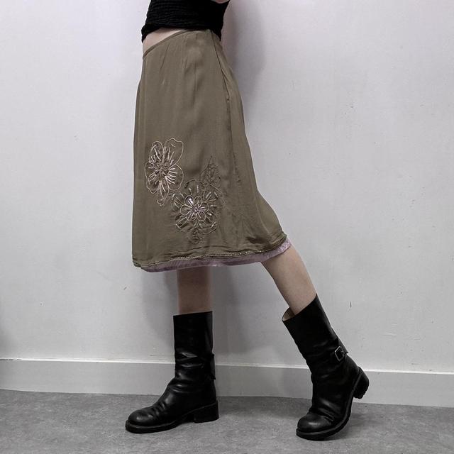 Khaki silky layered midi skirt