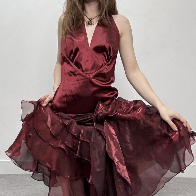 Silky ruffle burgundy satin puffy dress