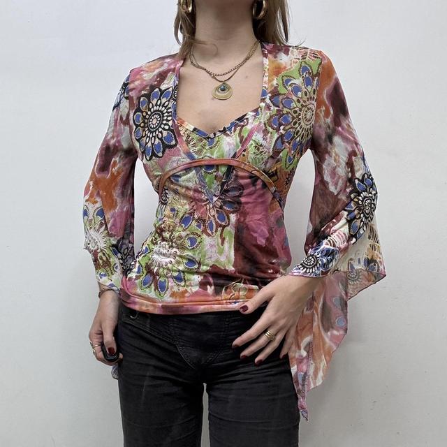 Flared graphic paisley fairy mesh top