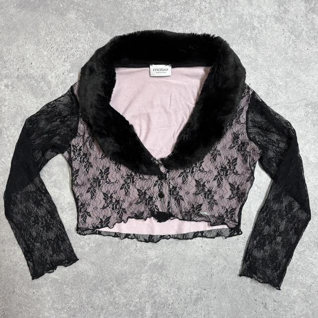Lace cropped cardigan with faux fur