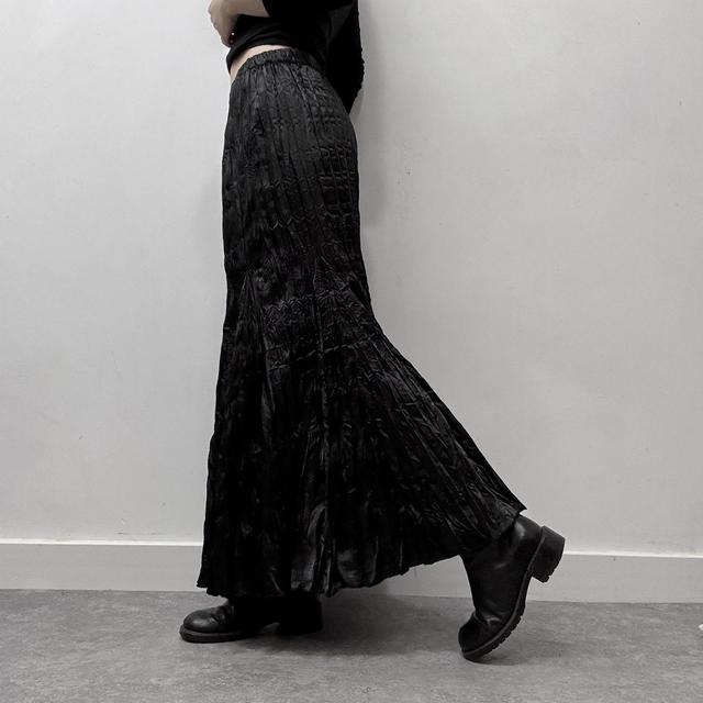 Black crinkle satin flared maxi skirt