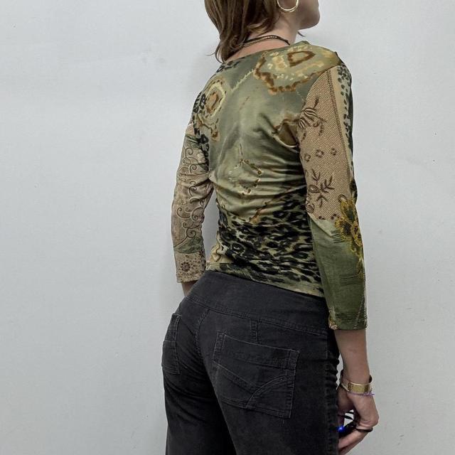 Sheer graphic khaki long sleeve top