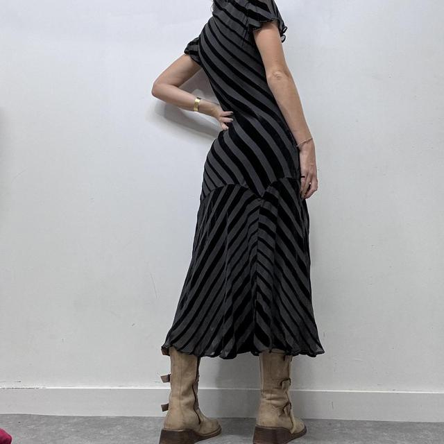 Black bias cut striped velvet maxi dress