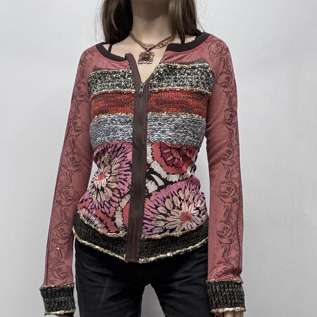 Graphic patterned sheer zip cardigan