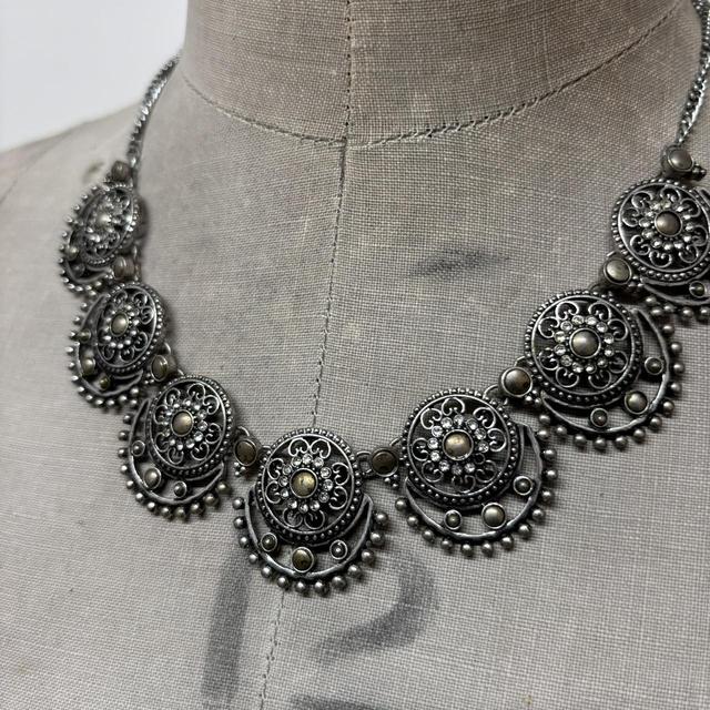 Silver boho carved necklace