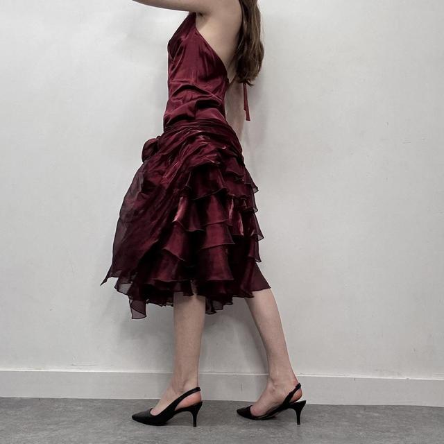 Silky ruffle burgundy satin puffy dress