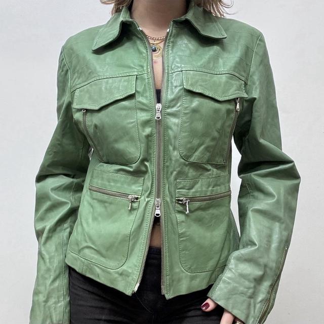 Green leather cargo jacket