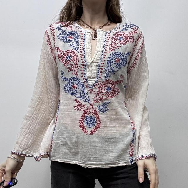 White cotton embroidered flared shirt