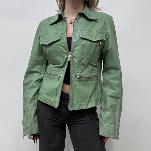 Green leather cargo jacket