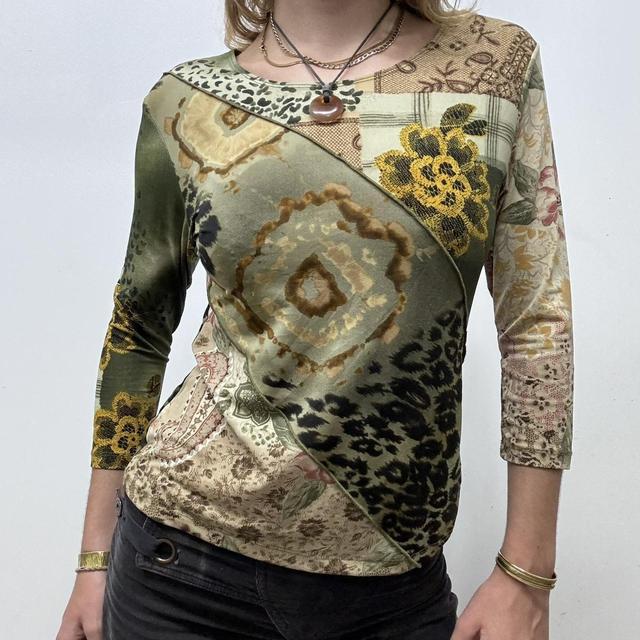 Sheer graphic khaki long sleeve top