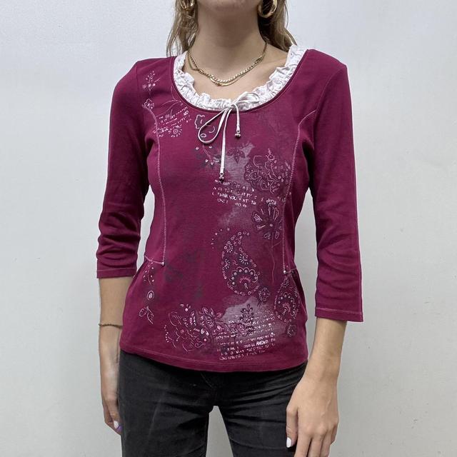 Pink bow ruffle neck printed tshirt