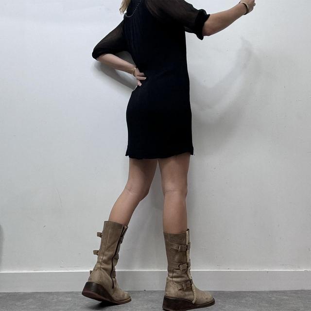 Black crinkle silk bow neck mini dress