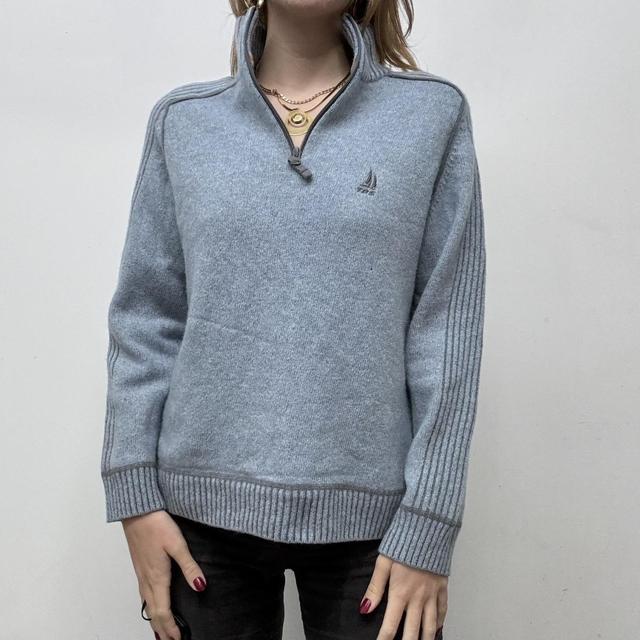 Blue wool ribbed 1/4 knit zip