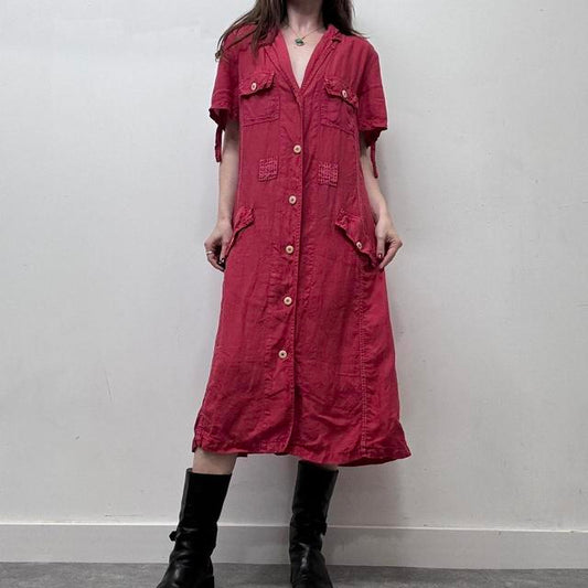 Red linen cargo dress