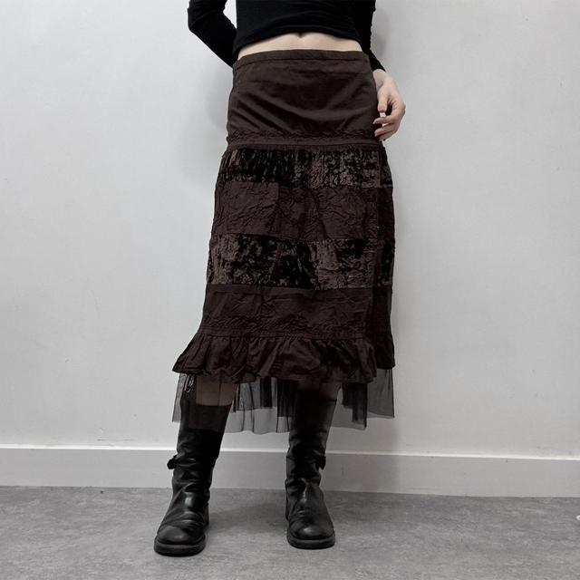 Brown velvet lace midi skirt