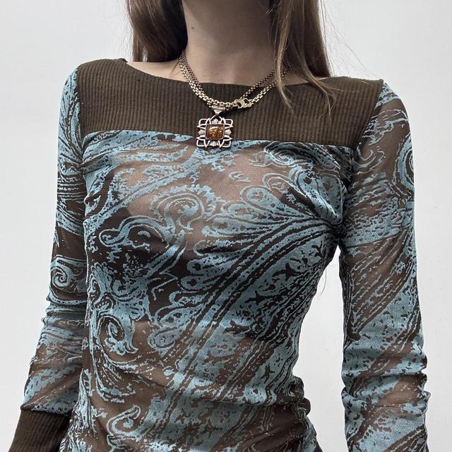 Sheer brown paisley mesh long sleeve top