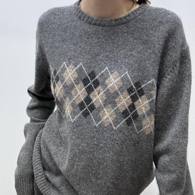 Wool knitted grey argyle jumper
