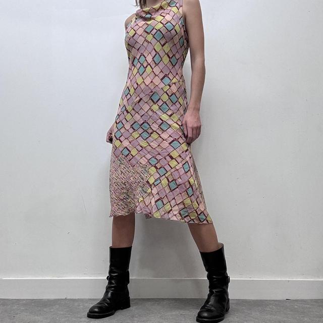 Pink checked print cowl neck midi dress