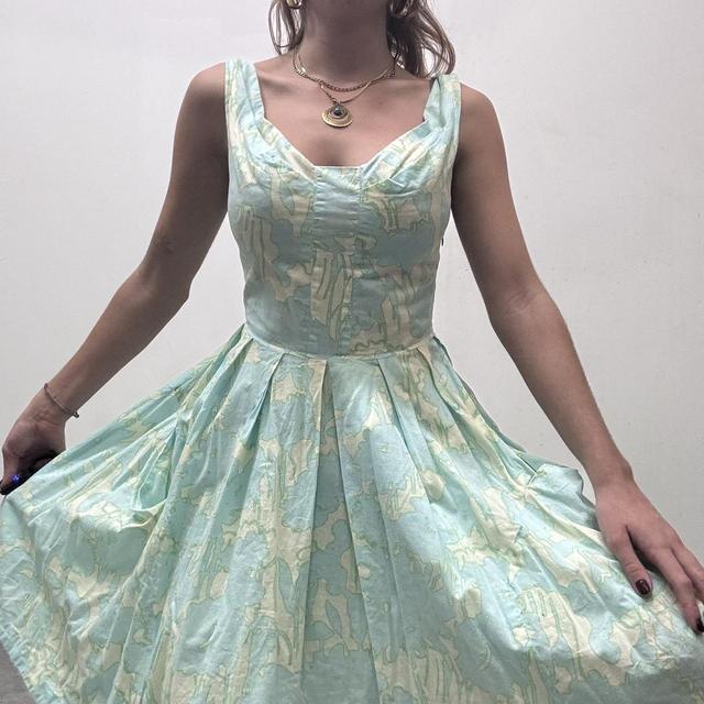 Blue graphic printed balloon puff midi dress