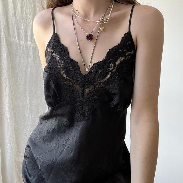 Black vintage slip dress - satin lace cami lingerie dress in black with sheer lace at bust