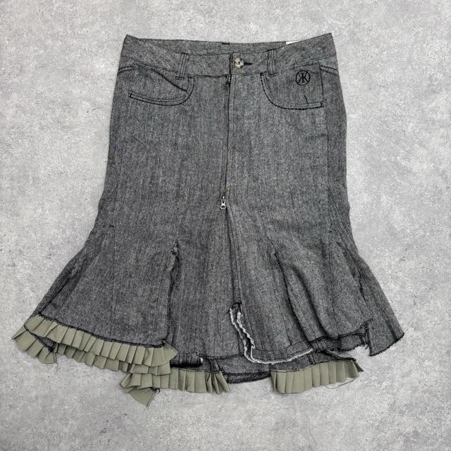 Flared grey tweed archival asymmetric midi skirt