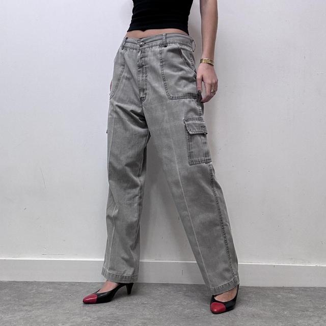 Wide leg flared khaki distressed utility trousers