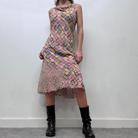 Pink checked print cowl neck midi dress