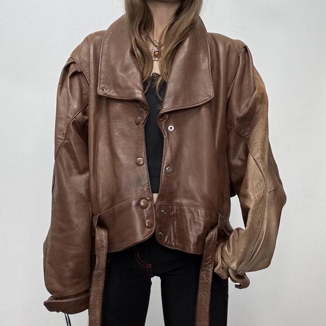 Brown leather batwing biker jacket