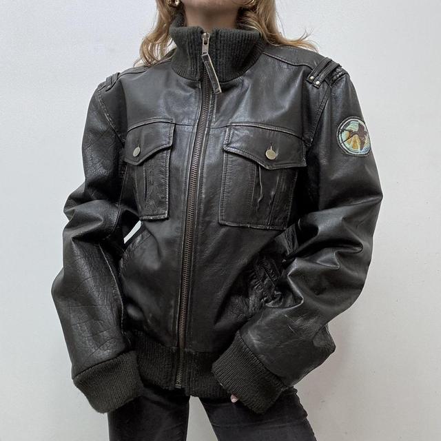 Oversized brown leather jacket