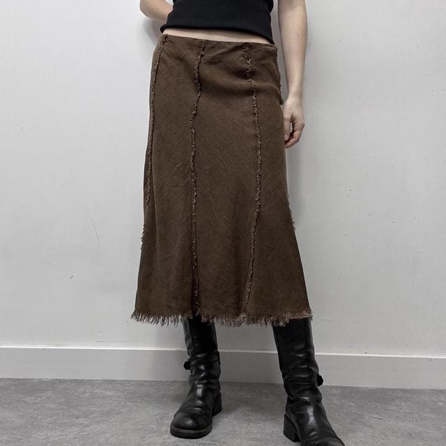 Brown distressed frayed maxi skirt