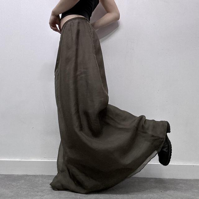 Khaki green sheer layered silk maxi skirt