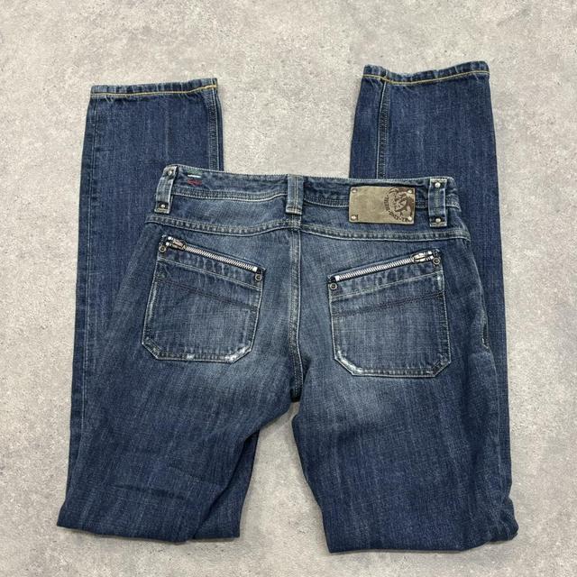 Flared leg low rise jeans