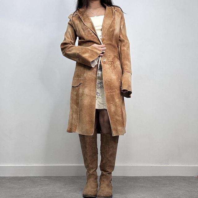 Tan suede long leather jacket