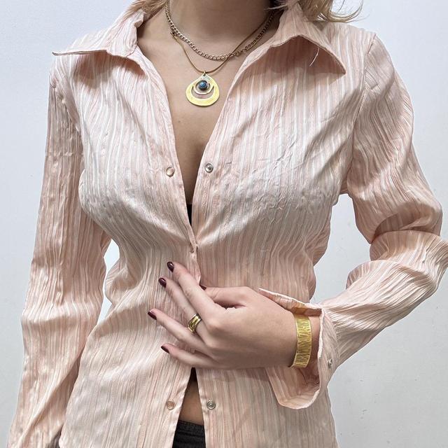 Pink pinstripe gathered crinkle shirt